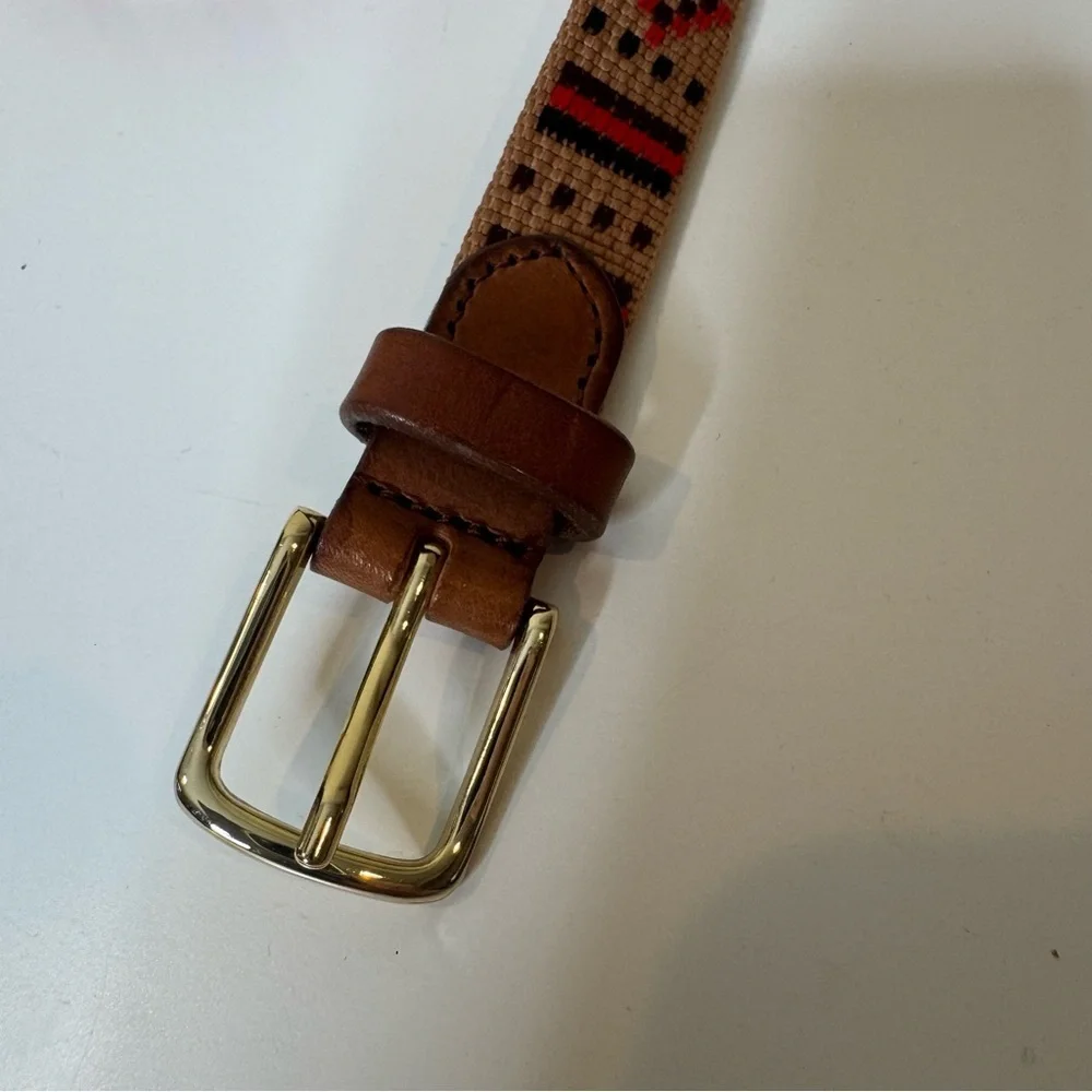 J CREW woven tapestry leather belt, Tan, Black, Red Southwestern Style size XS